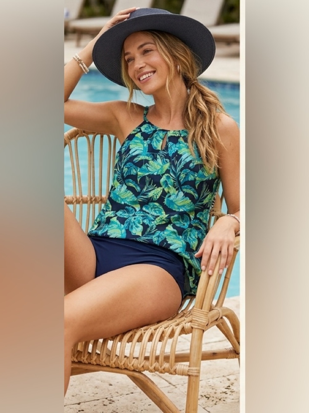 NWT Kathy Ireland Tropical Tankini Swimsuit Set Navy Blue Green Size 8